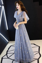Gray Blue V Neck Tulle Long Prom Dress, Tulle Bridesmaid Dress