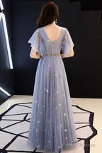 Gray Blue V Neck Tulle Long Prom Dress, Tulle Bridesmaid Dress