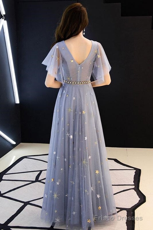 Gray Blue V Neck Tulle Long Prom Dress, Tulle Bridesmaid Dress