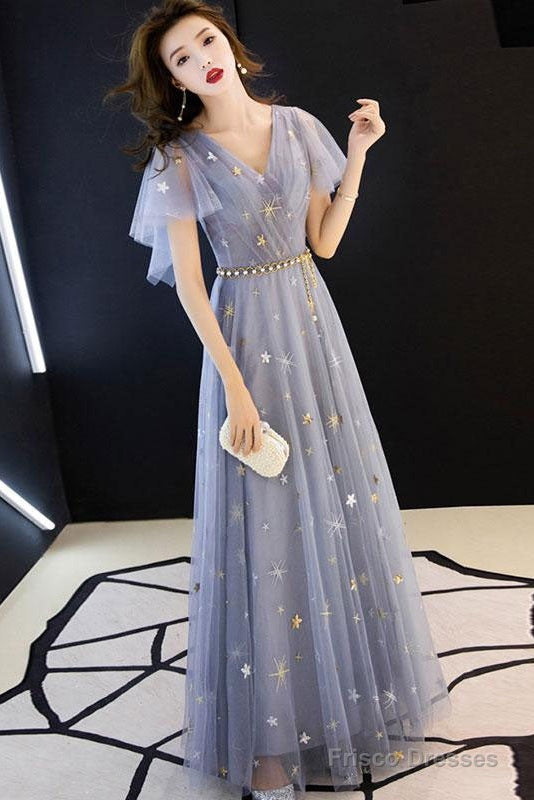 Gray Blue V Neck Tulle Long Prom Dress, Tulle Bridesmaid Dress Main image