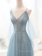 Gray Blue V Neck Tulle Sequin Long Formal Prom Dress, Blue Evening Dress