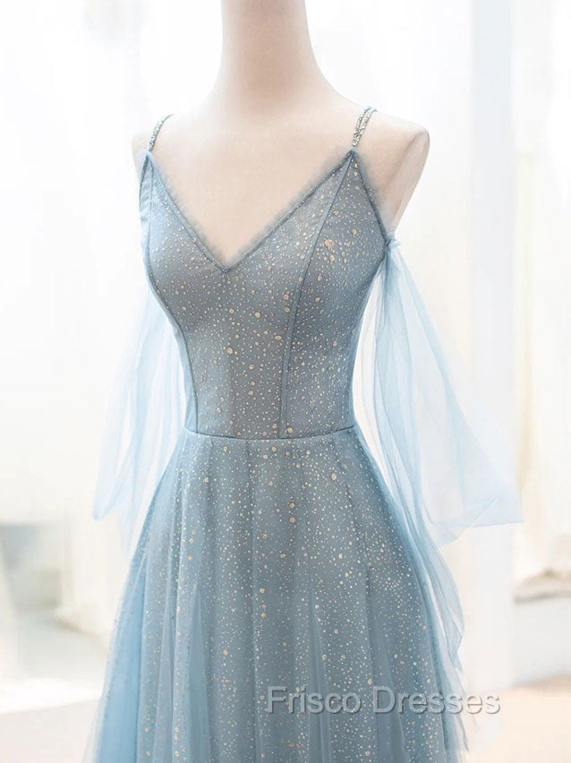 Gray Blue V Neck Tulle Sequin Long Formal Prom Dress, Blue Evening Dress