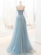 Gray Blue V Neck Tulle Sequin Long Formal Prom Dress, Blue Evening Dress