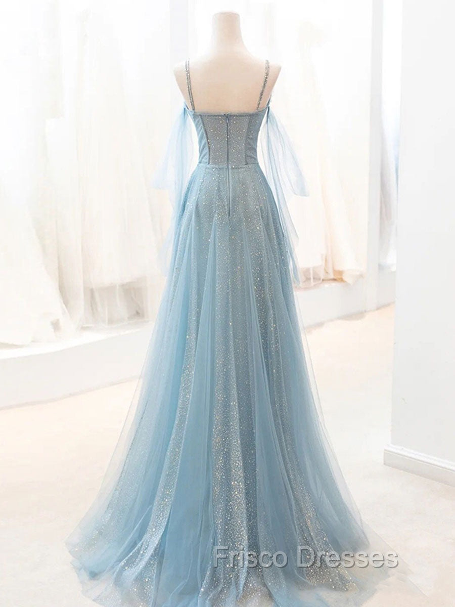Gray Blue V Neck Tulle Sequin Long Formal Prom Dress, Blue Evening Dress