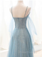 Gray Blue V Neck Tulle Sequin Long Formal Prom Dress, Blue Evening Dress