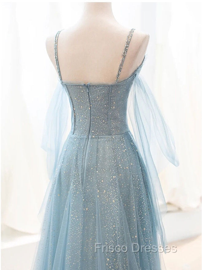 Gray Blue V Neck Tulle Sequin Long Formal Prom Dress, Blue Evening Dress