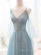 Gray Blue V Neck Tulle Sequin Long Formal Prom Dress, Blue Evening Dress