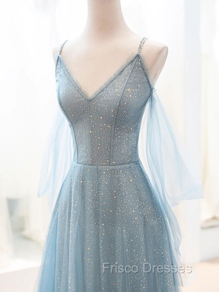 Gray Blue V Neck Tulle Sequin Long Formal Prom Dress, Blue Evening Dress