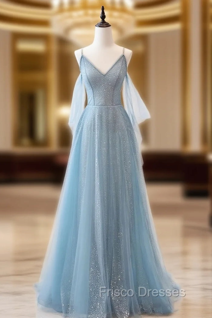 Gray Blue V Neck Tulle Sequin Long Formal Prom Dress, Blue Evening Dress