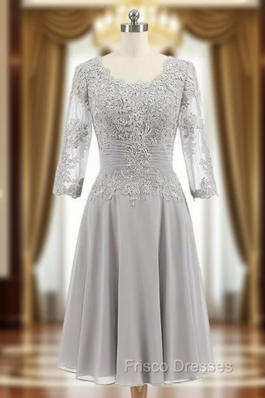 Gray Chiffon Appliques 3/4 Sleeve Knee Length Mother of The Bride Dress Main image