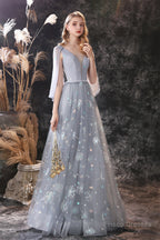 Gray Dandelion Lace V-neck Beading Back Prom Dresses