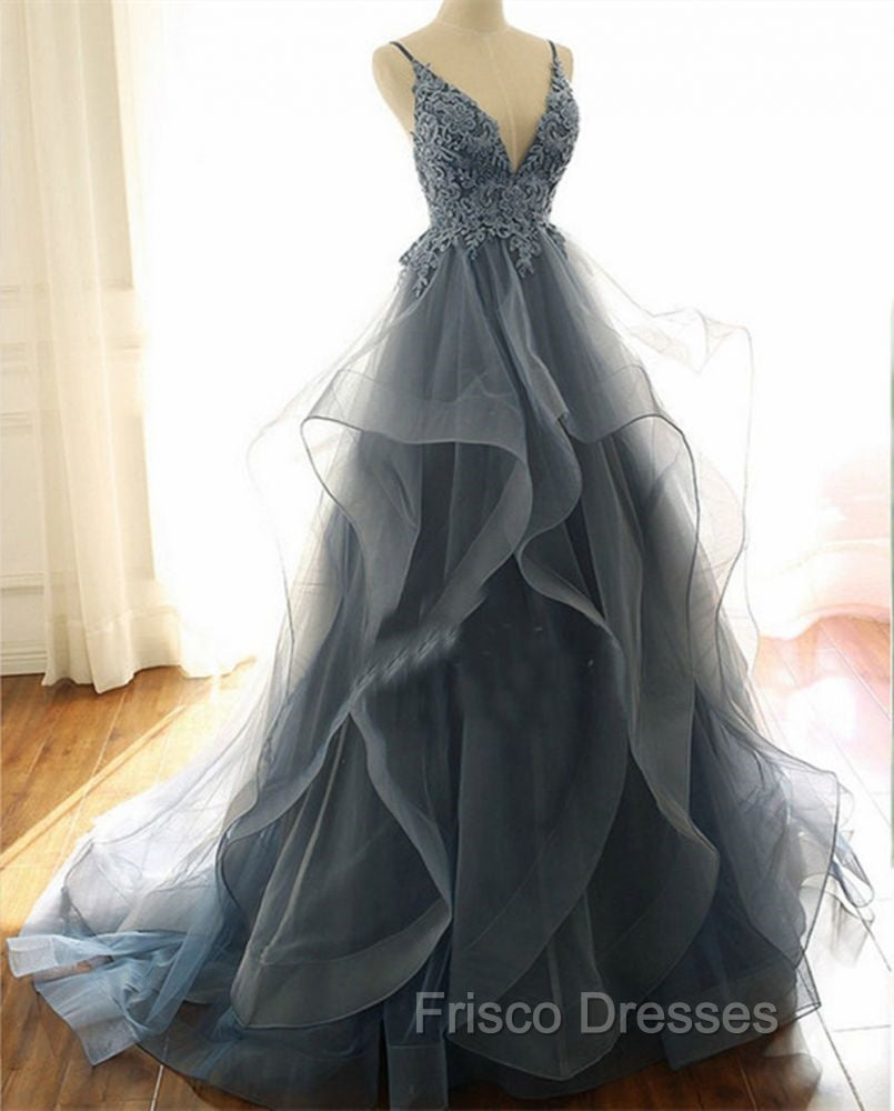 Gray Evening Dress Tulle V-neck Ruffles Long Spaghetti Lace Beading Formal Prom Party Gowns Secondary image
