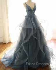 Gray Evening Dress Tulle V-neck Ruffles Long Spaghetti Lace Beading Formal Prom Party Gowns