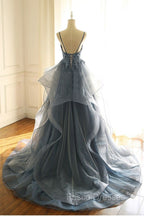 Gray Evening Dress Tulle V-neck Ruffles Long Spaghetti Lace Beading Formal Prom Party Gowns