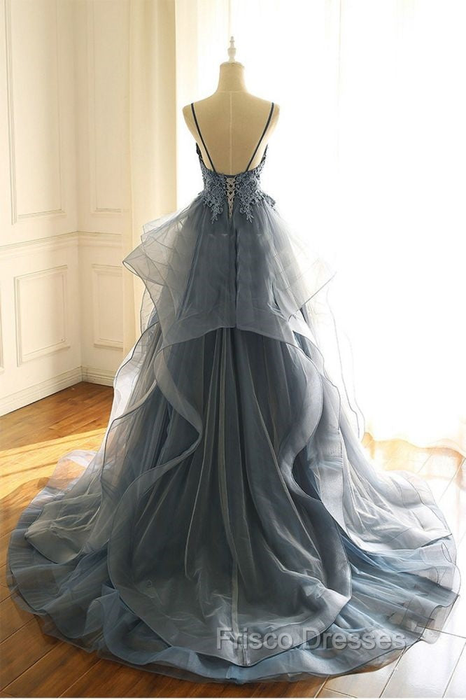 Gray Evening Dress Tulle V-neck Ruffles Long Spaghetti Lace Beading Formal Prom Party Gowns