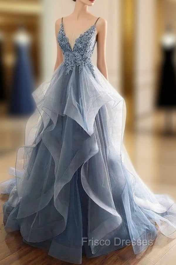 Gray Evening Dress Tulle V-neck Ruffles Long Spaghetti Lace Beading Formal Prom Party Gowns Main image