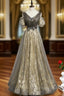 Gray Gold Tulle Sequins V-neck Short Sleeve Pleats Formal Prom Dress
