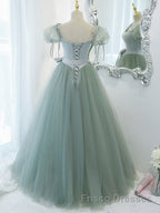 Gray Green A-Line Tulle Long Formal Prom Dresses, Gray Green Formal Dresses