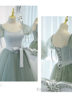 Gray Green A-Line Tulle Long Formal Prom Dresses, Gray Green Formal Dresses
