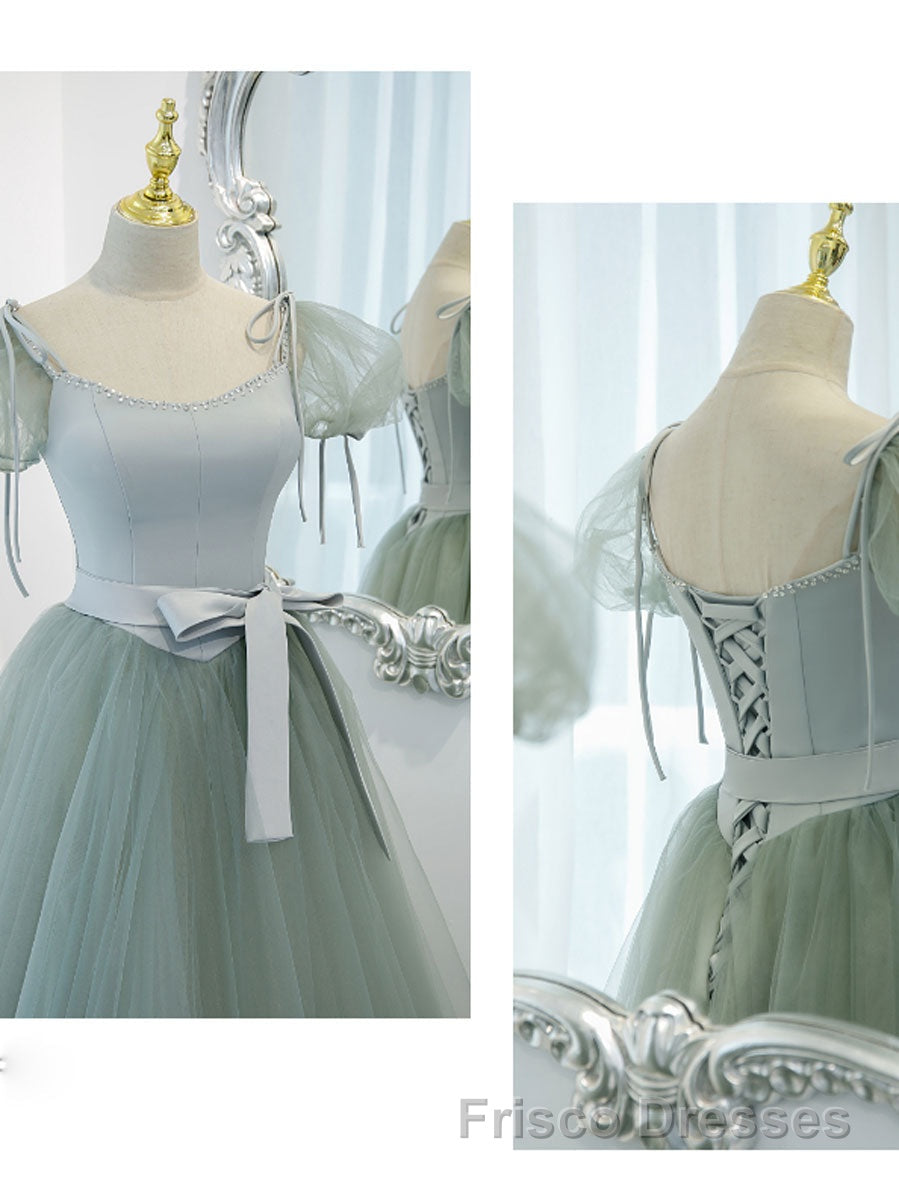Gray Green A-Line Tulle Long Formal Prom Dresses, Gray Green Formal Dresses