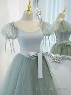 Gray Green A-Line Tulle Long Formal Prom Dresses, Gray Green Formal Dresses