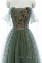 Gray Green Tulle Beaded Long Formal Prom Dress, A-Line Evening Dress