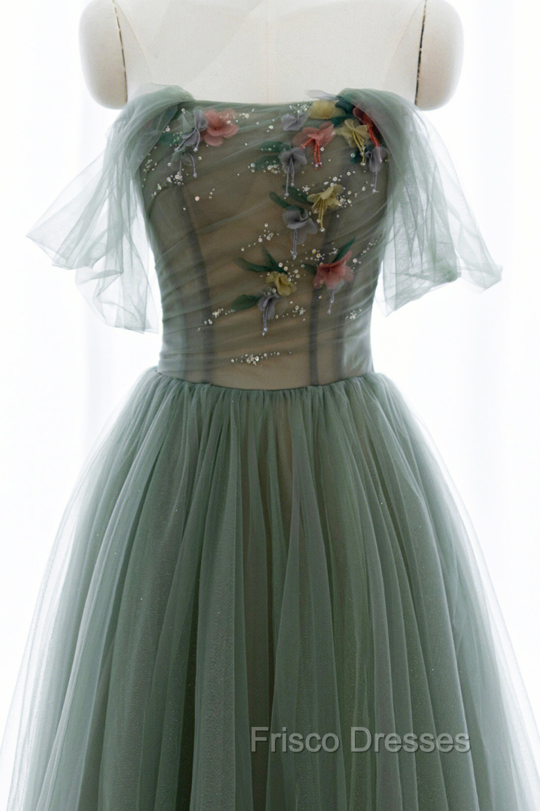Gray Green Tulle Beaded Long Formal Prom Dress, A-Line Evening Dress
