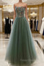 Gray Green Tulle Beaded Long Formal Prom Dress, A-Line Evening Dress