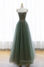 Gray Green Tulle Beaded Long Formal Prom Dress, A-Line Evening Dress