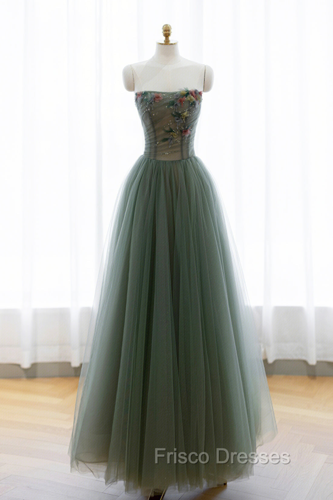 Gray Green Tulle Beaded Long Formal Prom Dress, A-Line Evening Dress