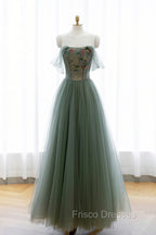 Gray Green Tulle Beaded Long Formal Prom Dress, A-Line Evening Dress