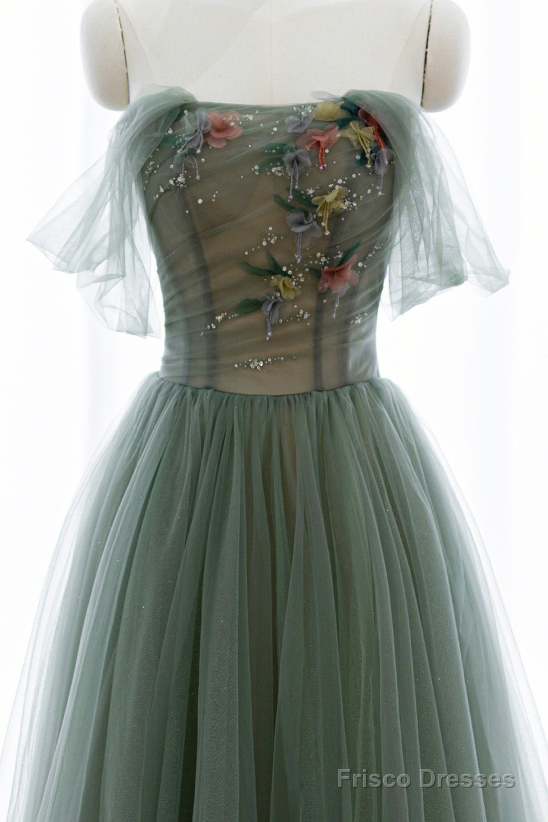 Gray Green Tulle Beaded Long Prom Dress, Beautiful A-Line Evening Dress Secondary image