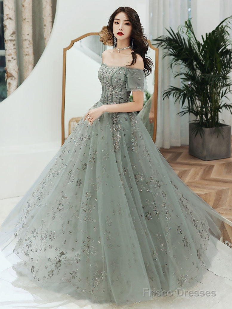 Gray Green Tulle Lace Long Prom Dress Gray Green Evening Dress Main image
