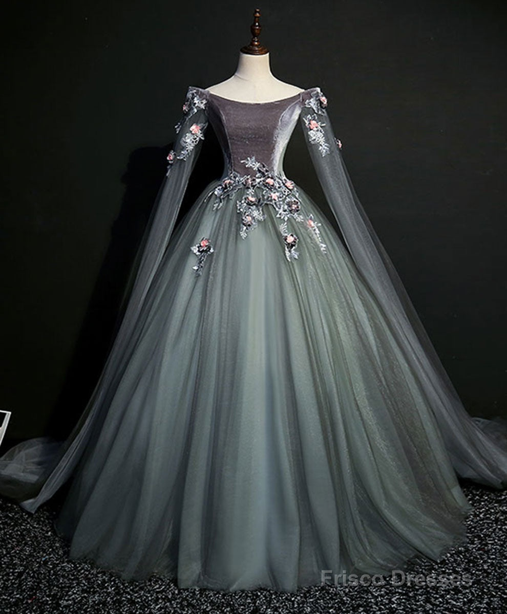 Gray Green Tulle Lace Long Prom Dress Gray Tulle Formal Dress Secondary image