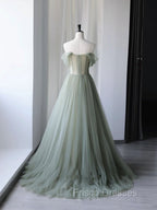 Gray Green Tulle Off Shoulder Long Formal Prom Dress, Gray Green Formal Graduation Dress