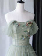 Gray Green Tulle Off Shoulder Long Formal Prom Dress, Gray Green Formal Graduation Dress