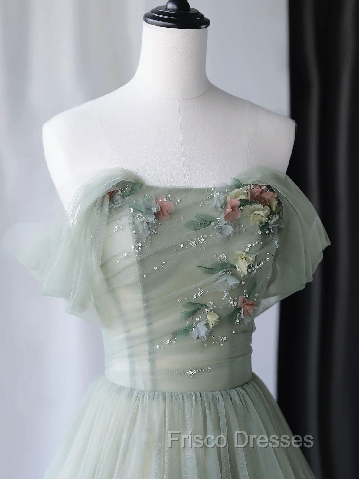 Gray Green Tulle Off Shoulder Long Formal Prom Dress, Gray Green Formal Graduation Dress