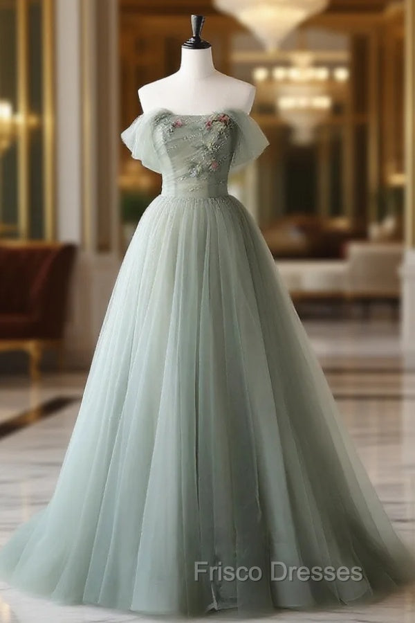 Gray Green Tulle Off Shoulder Long Formal Prom Dress, Gray Green Formal Graduation Dress