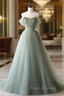 Gray Green Tulle Off Shoulder Long Formal Prom Dress, Gray Green Formal Graduation Dress