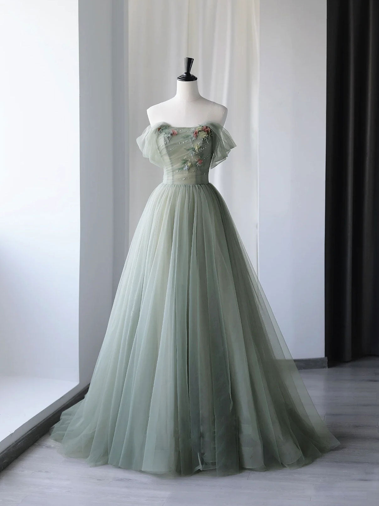 Gray Green Tulle Off Shoulder Long Prom Dress, Gray Green Formal Graduation Dresses Main image