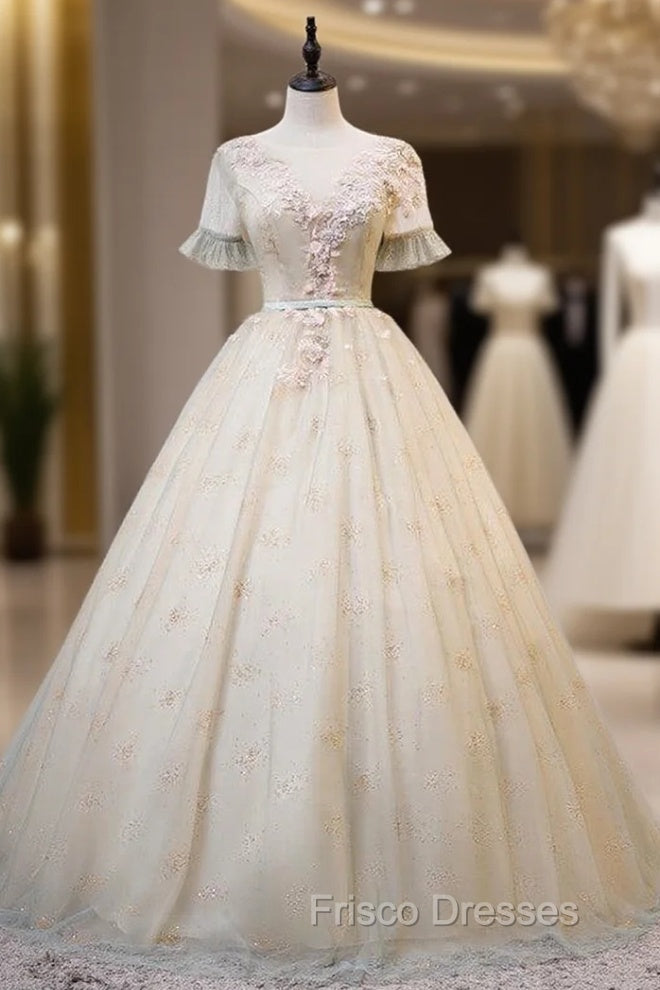 Gray Green Tulle Short Sleeve Appliques Beading Quinceanera Dress