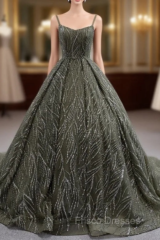 Gray Green Tulle Strapes Sequins Formal Prom Dress Main image