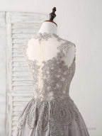Gray High Neck Lace Chiffon Short Prom Dress Gray Bridesmaid Dress