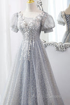 Gray Lace Long A-Line Formal Prom Dress with Sequins, Cute Short Sleeve Evening Dress