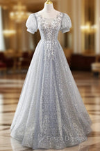Gray Lace Long A-Line Formal Prom Dress with Sequins, Cute Short Sleeve Evening Dress