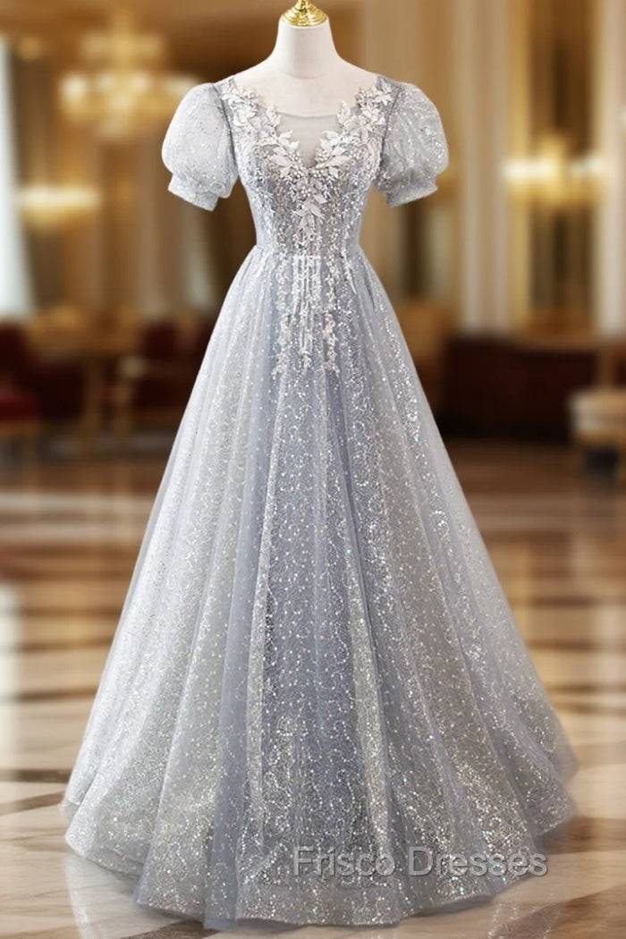 Gray Lace Long A-Line Formal Prom Dress with Sequins, Cute Short Sleeve Evening Dress