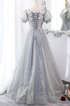 Gray Lace Long A-Line Formal Prom Dress with Sequins, Cute Short Sleeve Evening Dress