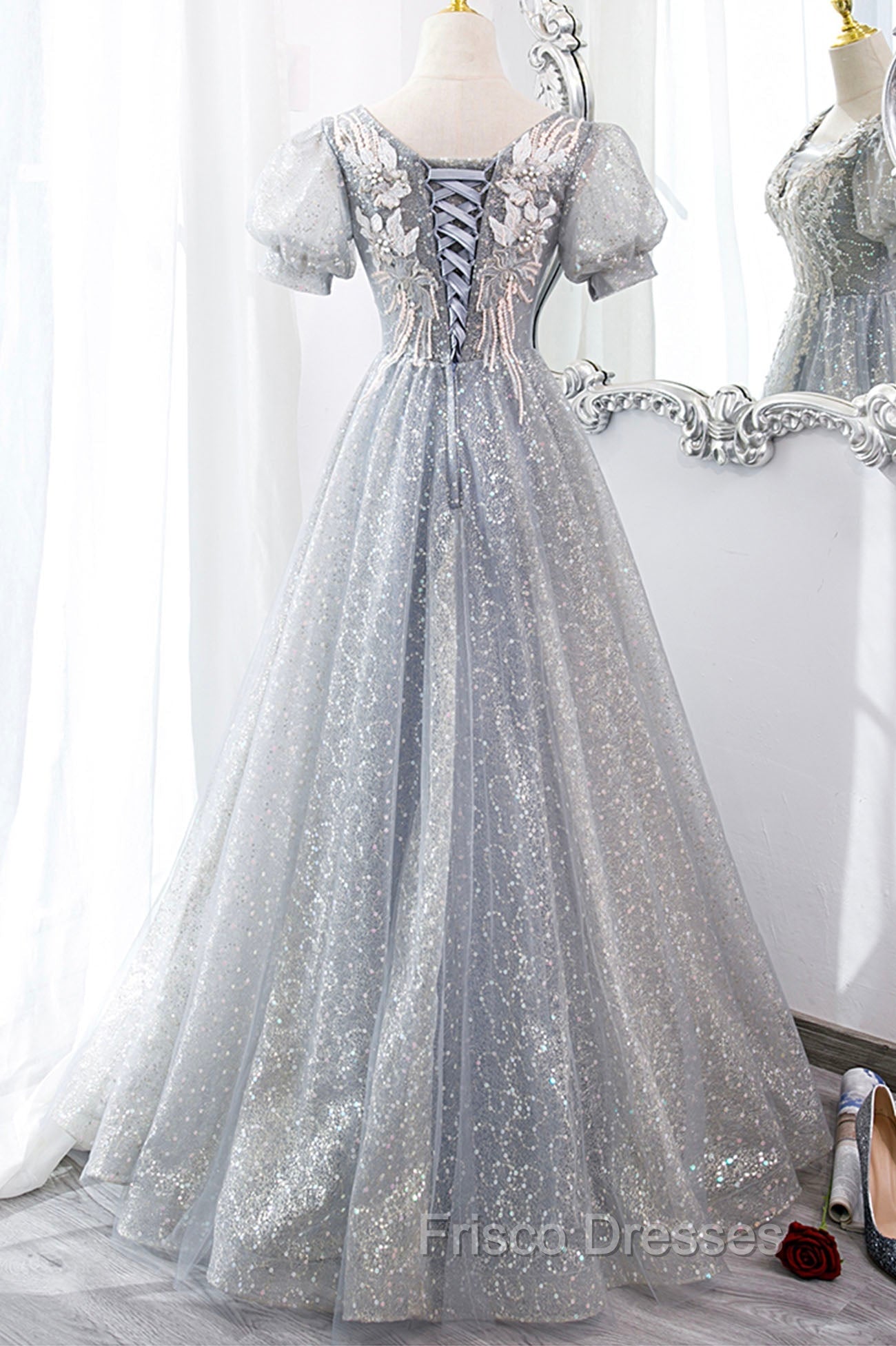 Gray Lace Long A-Line Formal Prom Dress with Sequins, Cute Short Sleeve Evening Dress