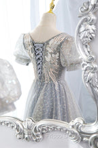 Gray Lace Long A-Line Formal Prom Dress with Sequins, Cute Short Sleeve Evening Dress