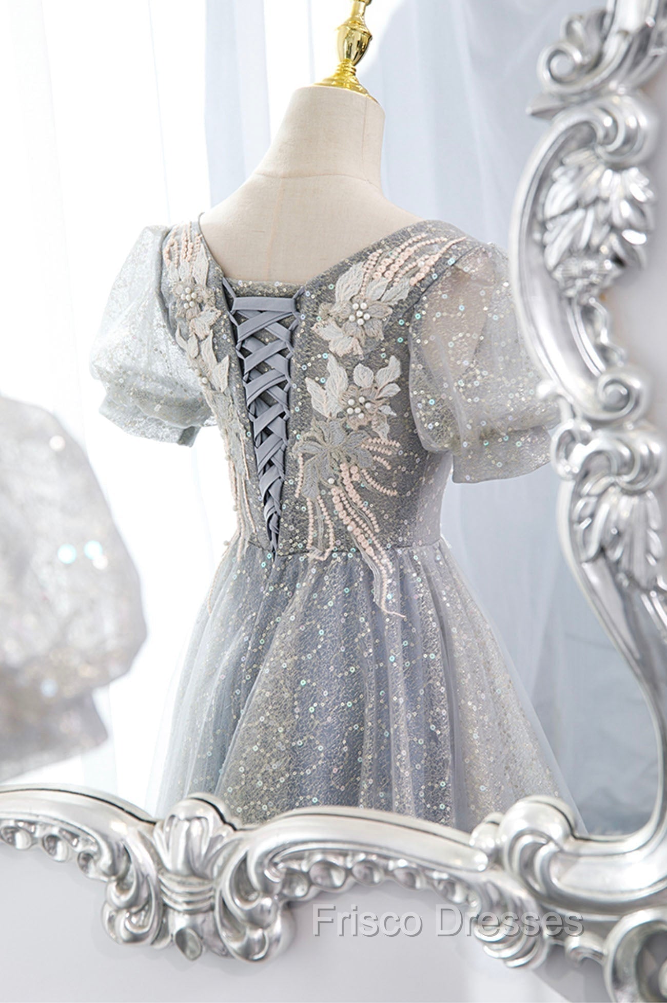 Gray Lace Long A-Line Formal Prom Dress with Sequins, Cute Short Sleeve Evening Dress